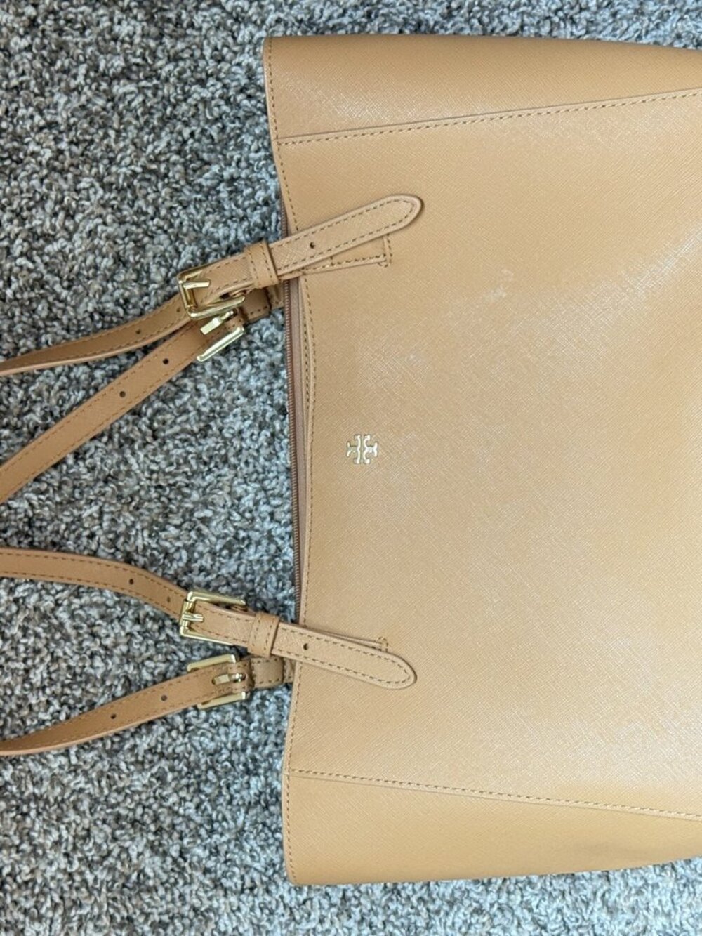 Tory Burch York Buckle Tote Camel Tan Saffiano Gold Double-T Logo